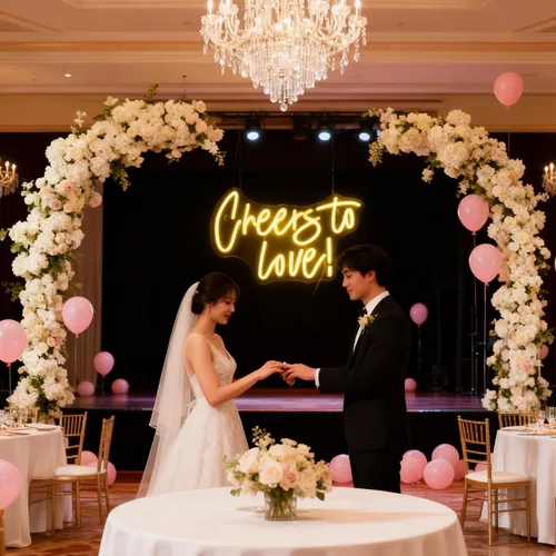 Vista 4 de QiaoFei Letrero LED de neón con texto en inglés «Cheers To Love» alimentado por USB con regulador de intensidad, luces de neón para habitación