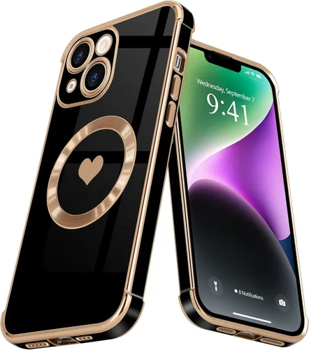 Vista 39 de Funda magnética para iPhone 13, para mujeres y niñas, chapado de lujo, lindo corazón de amor, cubierta trasera suave, protección completa de lente