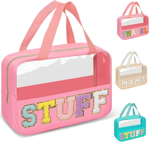 Vista 13 de izuzta Bolsas de maquillaje transparentes tipo tote con letras de chenilla, bolsa de maquillaje preppy con asa, Moda