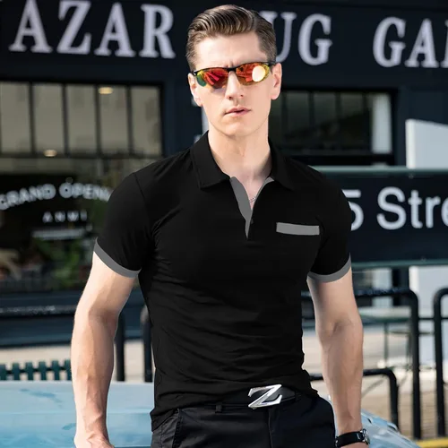 Vista 5 de Polo ajustado para hombre, manga corta, casual, de algodón, con bolsillo, color sólido, para verano