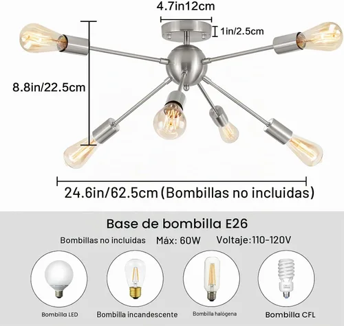 Vista 6 de LASENCHOO Lámpara de techo Sputnik, lámpara de techo de 8 luces Sputnik en níquel cepillado, lámparas de araña Sputnik, lámpara de techo moderna