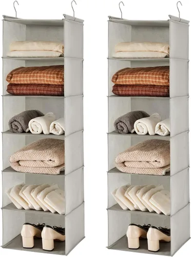 Vista 18 de MAX Houser Organizador colgante de armario de 6 niveles, estante colgante de tela con 2 ganchos resistentes para almacenamiento, plegable (beige)