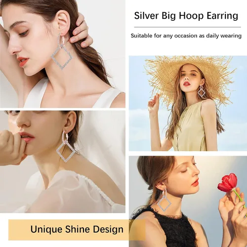 Vista 2 de KISZU Aretes de aro dorados plateados para mujer, delicados aretes colgantes cuadrados de diamantes de imitación de cristal para niñas, juego