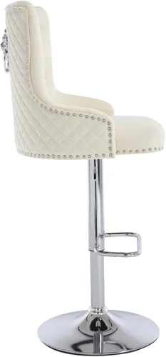 Vista 6 de Juego de 2 taburetes de bar de terciopelo beige con respaldo tuftado alto, anillo de tracción de león, reposapiés de base cromada para isla
