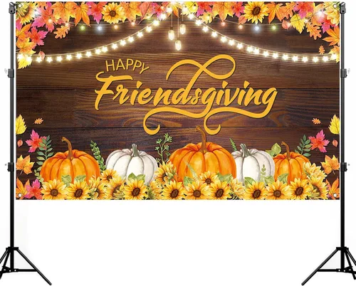 Vista 2 de Nepnuser Telón de fondo para cabina de fotos de Happy Friendsgiving de cosecha de otoño, decoración de fiesta de amigos, hojas de arce, girasol