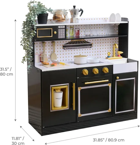 Vista 2 de Teamson Kids Juego de cocina de madera para niños pequeños con accesorios, juego de cocina simulada para niños de 3 años en adelante, juego de Negro