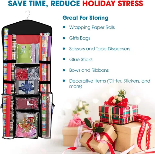 Vista 5 de ProPik Organizador de Almacenamiento de Papel de Regalo Colgante de Doble Cara con Múltiples Bolsillos Organiza tu Papel de Regalo, Bolsas
