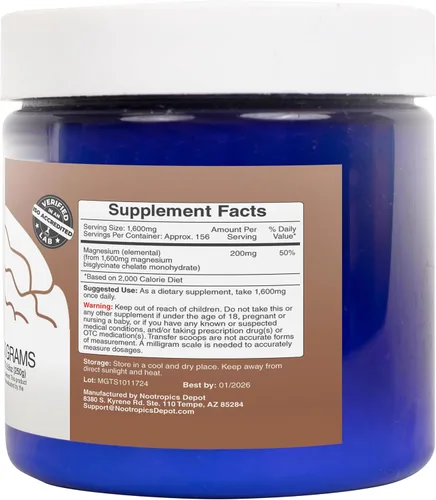Vista 5 de Nootropics Depot Polvo de glicinato de magnesio 8.82 oz Suplemento mineral Suplemento de magnesio Apoya la salud del corazón, los músculos