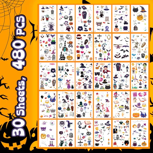 Vista 2 de 30 hojas de tatuajes que brillan en la oscuridad, tatuajes temporales que brillan en Halloween para adultos, calcomanías luminosas, premios a granel