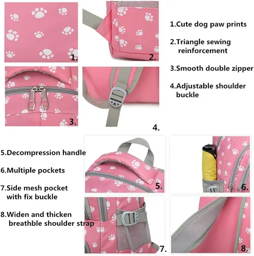Vista 4 de Mochila con estampado de huellas de perro para estudiantes de escuela primaria, bolsa escolar para estudiantes, Mochila negra, Viajar