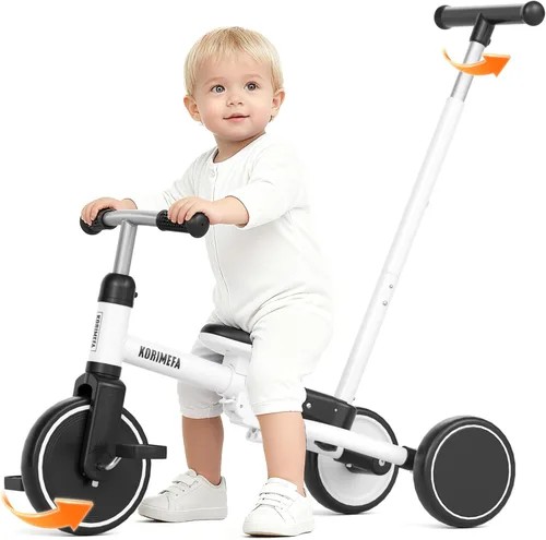 Vista 4 de KORIMEFA Triciclo 5 en 1 para niños pequeños de 1 a 3 años, bicicleta para Blanco
