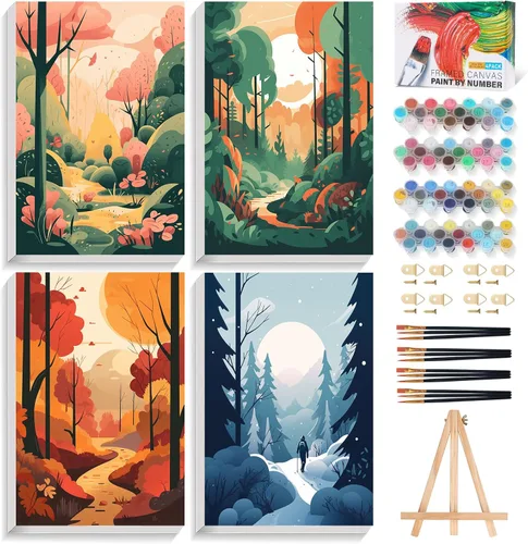 Vista 15 de Offito Paquete de 4 pinturas enmarcadas por números para adultos principiantes con caballete de madera, kit de pintura fácil de paisaje por números