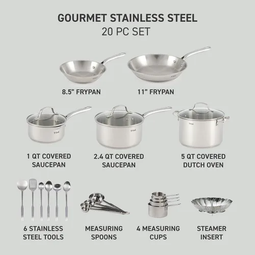 Vista 2 de T-fal Juego de utensilios de cocina gourmet de acero inoxidable: 20 piezas esenciales de cocina, compatibles con inducción, aptos para lavavajillas