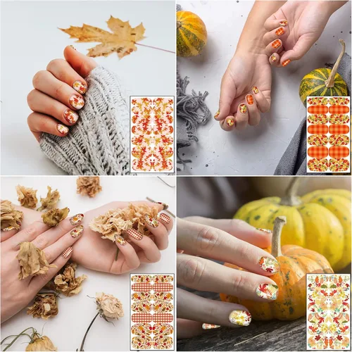 Vista 6 de 12 hojas de calcomanías completas de otoño, tiras de esmalte de uñas de otoño, calcomanías autoadhesivas de arte de uñas de hoja de arce con 2 limas