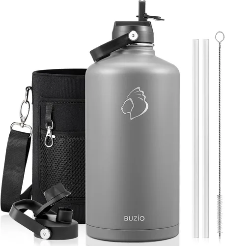 Vista 72 de BUZIO Botella de agua aislada de 24 oz, frasco de agua de boca ancha de acero inoxidable con tapa de pajita, frío durante 48 horas a prueba de Negro