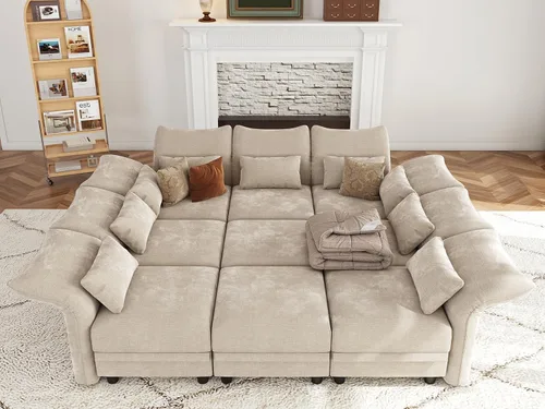 Vista 25 de LLappuil Sofá seccional beige con almacenamiento, sofás modulares de pana para sala de estar con apoyabrazos ajustables, cojines de felpa gruesos, 6