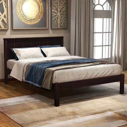 Vista 10 de Cama de plataforma de madera tamaño matrimonial con cabecera y estribo, base de cama de plataforma de trineo de tamaño matrimonial con espacio
