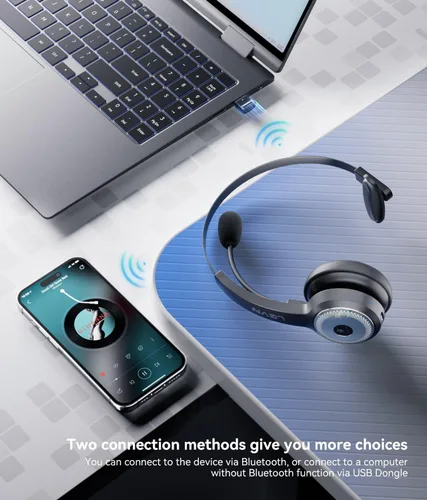 Vista 3 de LEVN Auriculares inalámbricos con micrófono para el trabajo, auriculares inalámbricos (base de carga, cancelación de ruido y botón de silencio)