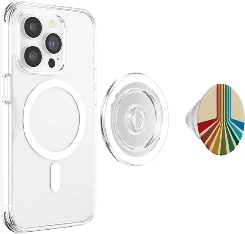 Vista 4 de PopSockets MagSafe PopGrip de estilo retro de los años 70 con diseño de rayas multicolor para iPhone