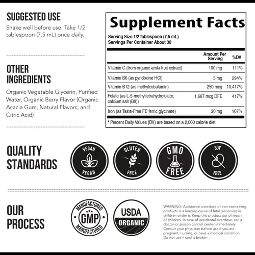 Vista 7 de Suplemento de hierro líquido Certificado orgánico, sabor a bayas, alimento entero, refuerzo de absorción de vitamina C y construcción de sangre