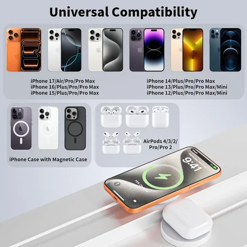 Vista 6 de Cargador inalámbrico magnético para iPhone, [certificado Apple MFi] Cable de carga Apple Mag-Safe de 6 pies, almohadilla de carga inalámbrica