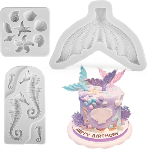 Vista 14 de Beasea Molde grande para cola de sirena, 1 paquete de silicona para fondant de cola de sirena para decoración de pasteles de azúcar de chocolate