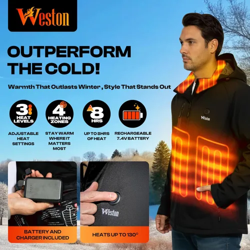 Vista 2 de WESTON Abrigo térmico para hombre, 4 zonas de calefacción, 7.4 V, batería recargable de 4800 mAh, 3 niveles de calor ajustables