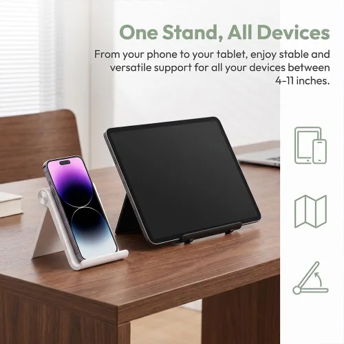 Vista 7 de Soporte para tableta, soporte plegable ajustable para teléfono celular, compatible con la mayoría de iPad y teléfonos inteligentes, accesorio