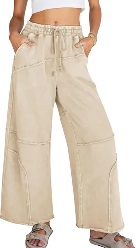 Vista 9 de Athlisan Pantalones deportivos casuales de pierna ancha para mujer, cintura alta, lavado ácido, pantalones palazzo con bolsillos