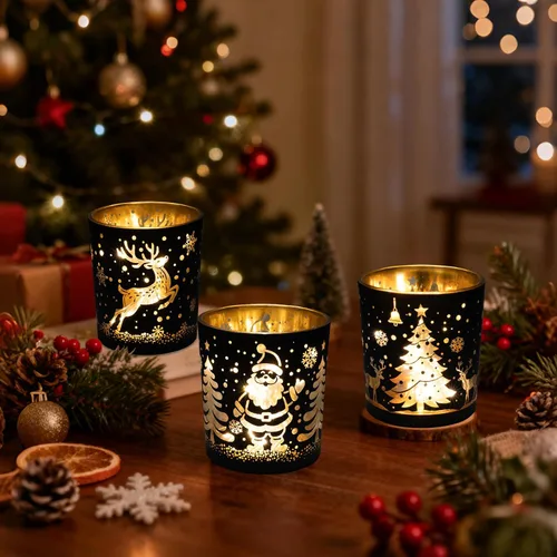 Vista 2 de Portavelas votivas, juego de 3 portavelas de Navidad de cristal negro y dorado, portavelas de té con Papá Noel, reno, patrón de árbol Xmax