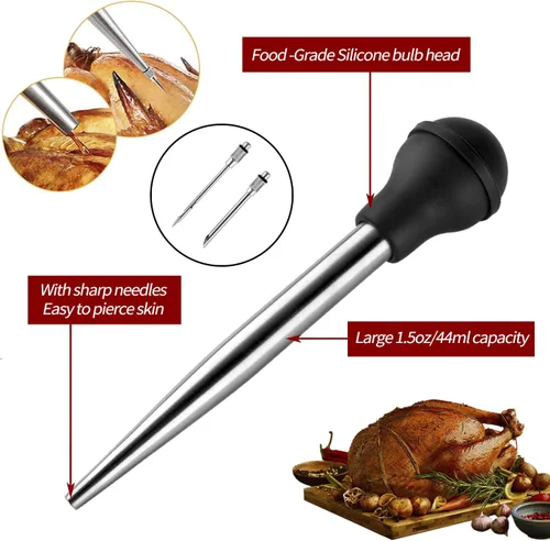 Vista 2 de JY COOKMENT Jeringa de acero inoxidable para pavo Baster Baster Jeringa para cocinar Inyector de carne con 2 agujas de marinada, 1 cepillo