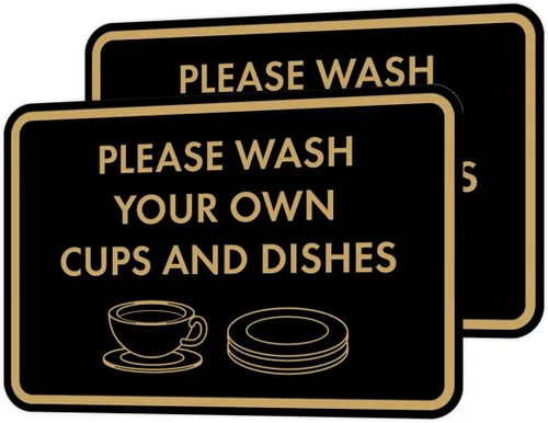Vista 65 de Letrero clásico enmarcado con texto en inglés «Please Wash Your Own Cups and Dishes» (negro)