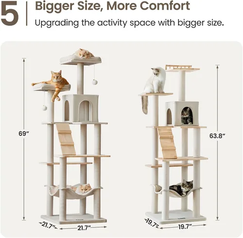 Vista 8 de MWPO Árbol grande y moderno para gatos, torre de madera de 70.1 pulgadas para gatos de interior, condominio alto para gatos de varios niveles con 2