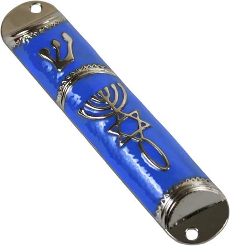 Vista 4 de Holy Land Market Sello Mesiánico - Funda para mezuzá de 4 pulgadas con pergamino incluido, mezuzá judía pequeña (negro - marco dorado)