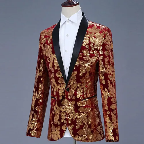 Vista 2 de Vestido blazer de cantante de lentejuelas doradas para hombre, estampado de terciopelo, chaqueta, abrigos, boda, festival, cena, esmoquin floral