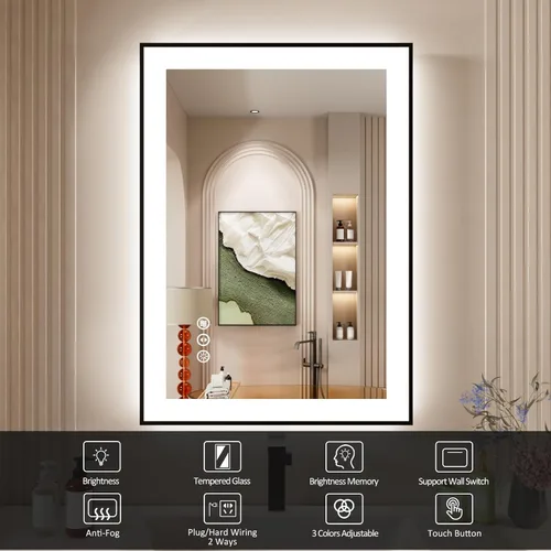Vista 2 de Espejo de baño LED de 24x28 pulgadas con marco negro, espejos de baño retroiluminados y con luz frontal para pared, antiempañamiento, regulable