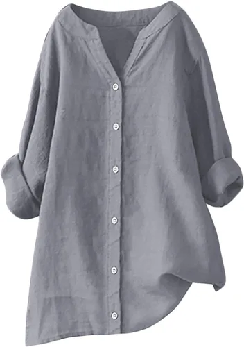 Vista 6 de Camisas de algodón y lino con botones para mujer, cuello en V, manga larga, blusas elegantes y casuales