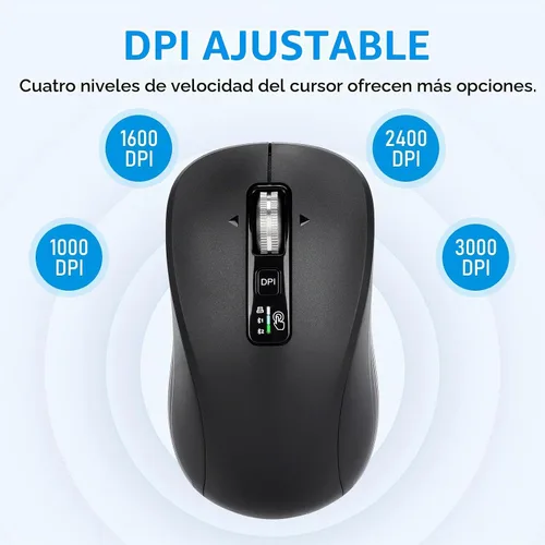 Vista 7 de Ratón Bluetooth inalámbrico, multimodo de 3 dispositivos (USB + 2 Bluetooth), rueda de desplazamiento de metal de 4 vías, DPI ajustable, clic Negro
