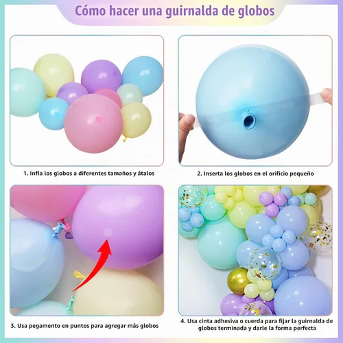 Vista 4 de Juego de 216 guirnaldas de globos arcoíris pastel, kit de arco de globos de látex coloridos para cumpleaños, baby shower, boda, compromiso, Pastel