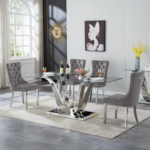 Vista 46 de Moderno juego de mesa de comedor de cristal de 5 piezas para 4, 70 pulgadas rectangular con 4 sillas copetudas de terciopelo beige, juego de mesa