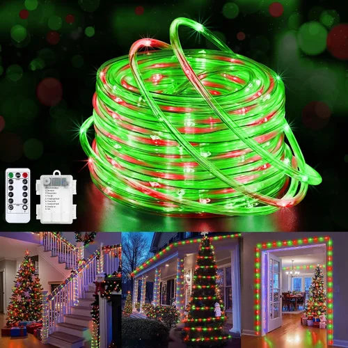 Vista 9 de Jnaurb Paquete de 2 luces de cuerda a pilas para exteriores, total de 66 pies, 200 LED, 8 modos, funciona con pilas, luces de hadas de Navidad