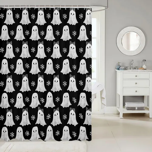 Vista 2 de Happy Halloween Shower Curtain,Bowknot Snowflake Pattern Bathroom Curtains,Sweet Ghost Holiday Theme Waterproof Bath Curtain,Black Bathroom Curtains