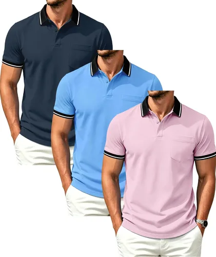 Vista 27 de GEEK LIGHTING Paquete de 3 camisas polo de manga corta con bolsillo para Negro Gris Armygreen