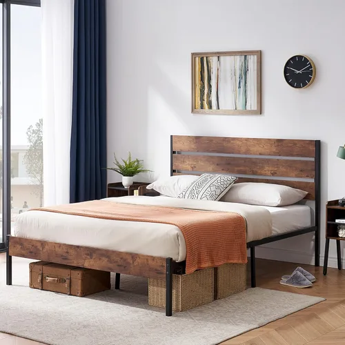Vista 22 de VECELO Base de cama tamaño individual, plataforma de metal resistente con cabecera de madera, no necesita somier, color marrón antiguo