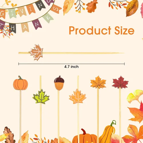 Vista 2 de 100 unidades de púas de cóctel de otoño de 12 cm, hojas, calabazas, bellotas, palillos de dientes decorativos elegantes de bambú, palillos