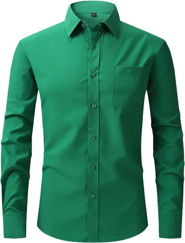 Vista 6 de Camisas de vestir de ajuste regular para hombre, de manga larga, elásticas, sin arrugas, con botones, blusa formal ligera y sólida