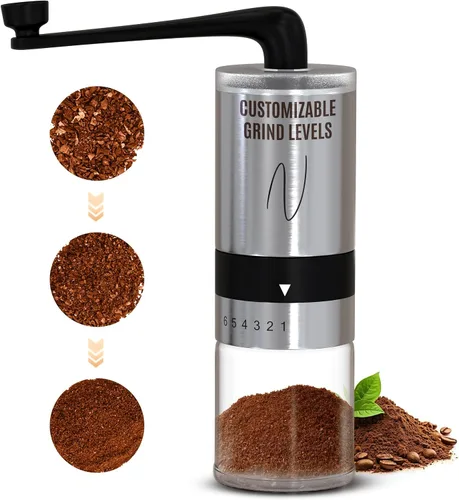 Vista 4 de Molinillo de café manual – Molinillo manual de grano de café con manivela, 6 ajustes de molienda para expreso, prensa francesa y vertido – Molinillo