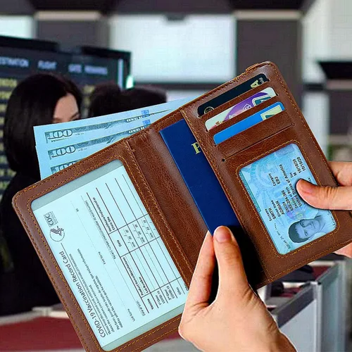 Vista 5 de Juego de tarjetero para pasaporte y vacuna, funda con protector transparente de ranura para tarjeta de vacunación, bloqueo RFID de cuero