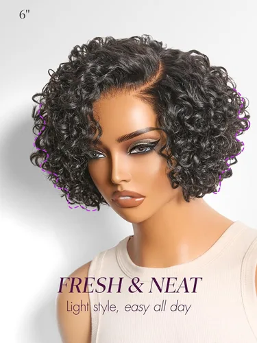 Vista 3 de LUVME HAIR Pelucas de cabello humano rizado sin pegamento de 6 pulgadas, precortadas, indetectable, HD, encaje Bob, peluca corta y rizada con ondas