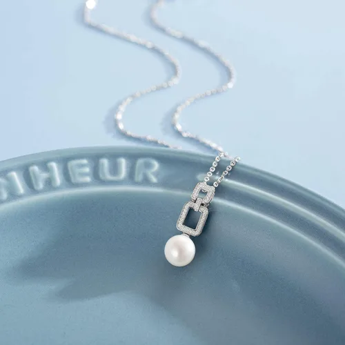 Vista 2 de FANCIME Pearl Necklace 9-10mm Genuine Freshwater Pearl Sterling Silver Cultured Pearl Pendant June Birthstone Necklace Fine Jewelry for Women